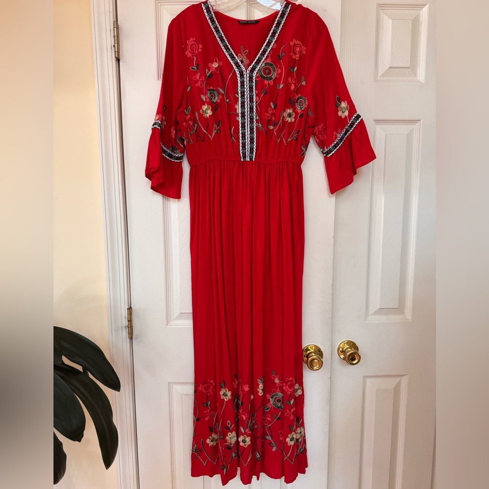 SHEIN Red Embroidered Long Sleeve Dress